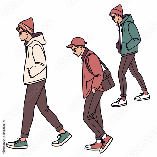 Three stylish young men walking in casual winter outfits
