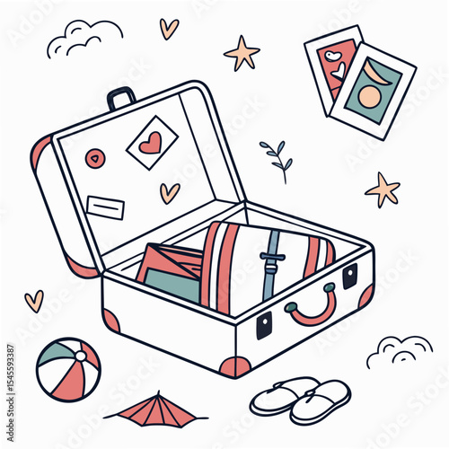 Open suitcase packed for summer vacation travel illustration