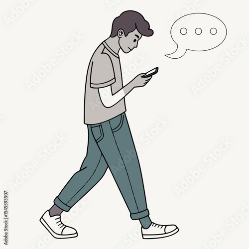 Young man walking and texting on smartphone casual outfit