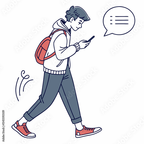 Young man walking uses smartphone checklist app