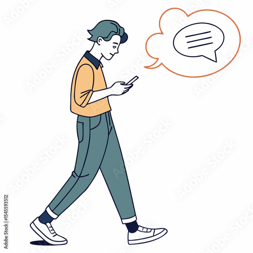Young man walking using smartphone messaging app clean cutout