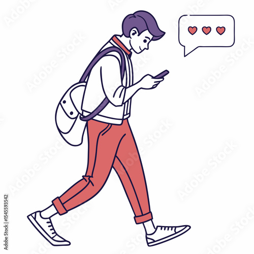 Walking man using smartphone social media likes transparent background