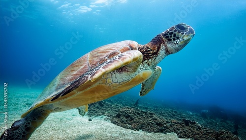 close up of loggerhead sea turtle swimming underwater