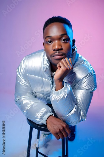 A stylish portrait of a thoughtful man in a trendy silver jacket, seated on a stool