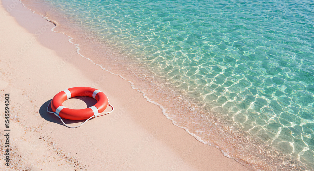 Obraz premium Red lifebuoy on the pink sand of a deserted tropical beach with crystal clear water