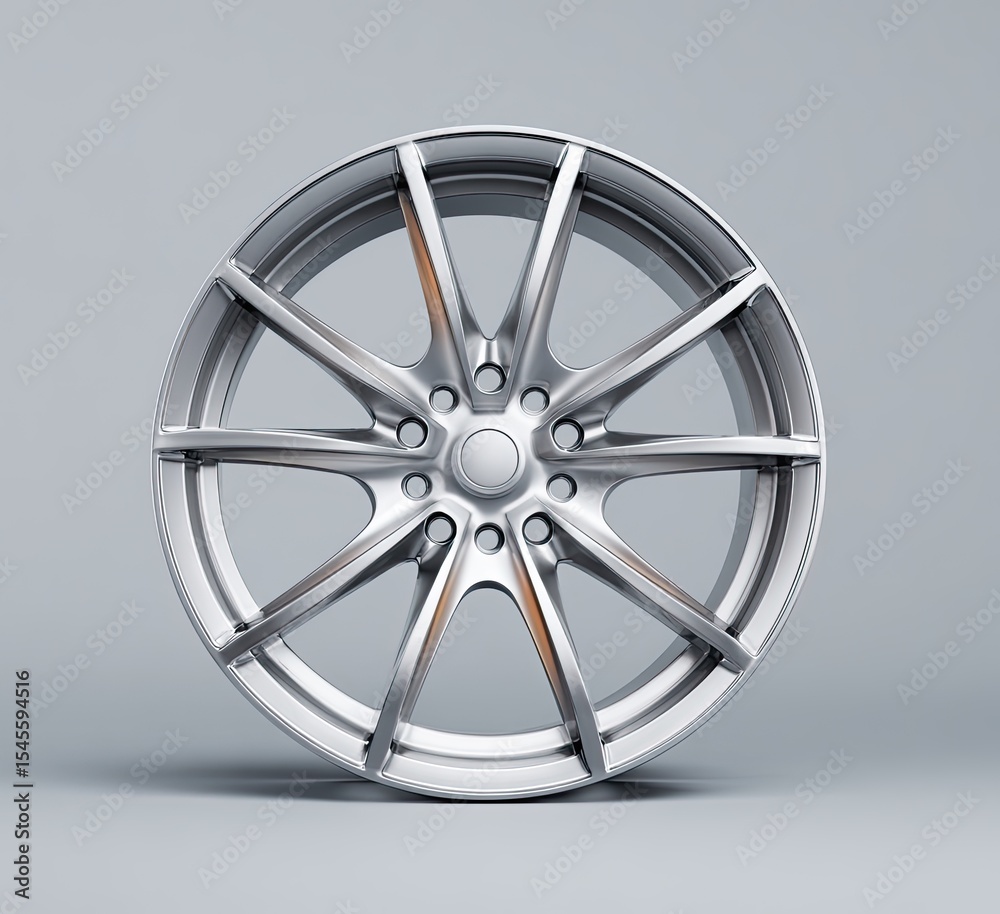Obraz premium Sleek silver alloy wheel with ten spokes, subtle orange accents, and a central hubcap against a neutral grey background
