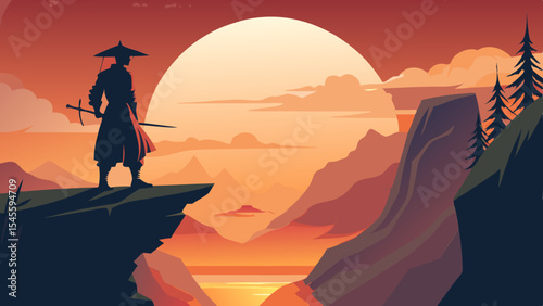 Silhouette of a samurai warrior at sunset landscape view
