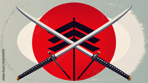 Crossed katanas over a red and white circle design