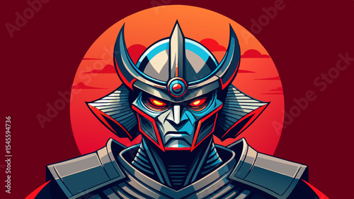 Illustration of a samurai robot with a red background