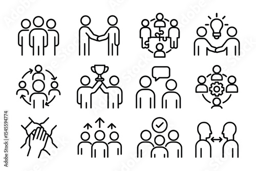 Team Building Vector Element Set: Group, Partnership, Puzzle, Idea, Trophy, Communication