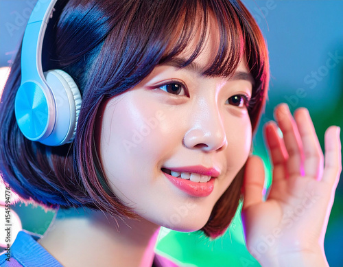 ヘッドホンで音楽を聴く若い女性/Young woman listening to music through headphones