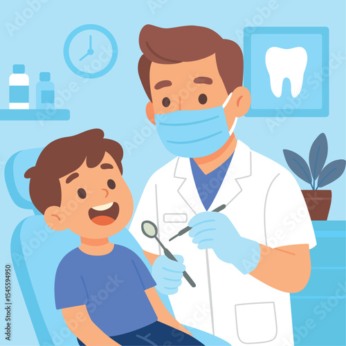 Dentist man working with a kid in his office, health care ilustration