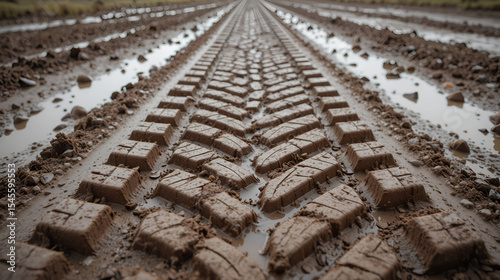 Deep tire treads imprinted in the wet, muddy terrain, disappearing into the horizon