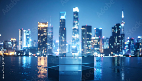 An exhibition space with a pedestal for product exhibition against the backdrop of the city night view.