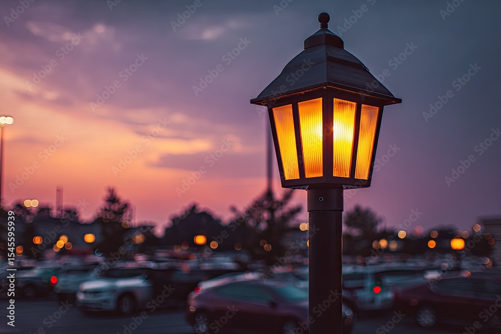 Illuminated lamppost at twilight, softly glowing against a vibrant sunset backdrop, with a blurred parking lot in the distance Illuminated lamppost at twilight, softly glowing against a vibrant sunset backdrop, with a blurred parking lot in the distance
