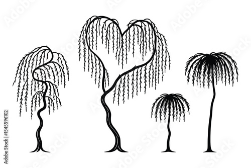 Elegant Weeping Willow Tree Vector Element Set Silhouette Illustration on White Background