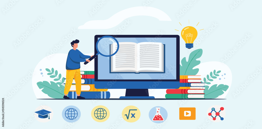 Fototapeta premium online education and E-learning concept with students reading books online and working on computer monitors. flat vector illustration design