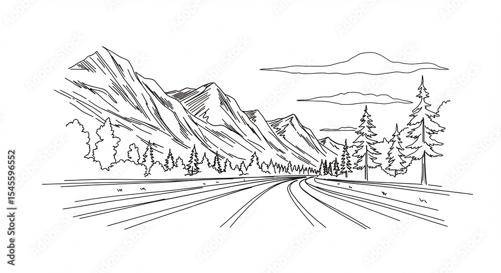 Fototapeta premium Road Trip Drawing Perspective View with Mountains and Evergreen Trees