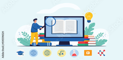 online education and E-learning concept with students reading books online and working on computer monitors. flat vector illustration design