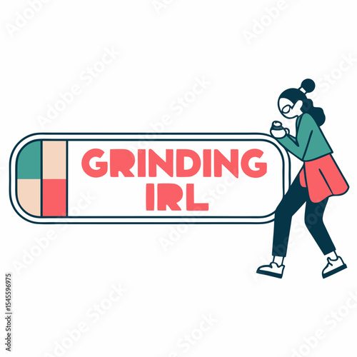 Woman pushing grinding irl progress bar illustration