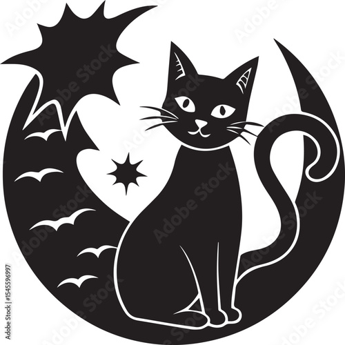 halloween cat silhouette vector icon, halloween cat vector, halloween cat illustration black and white