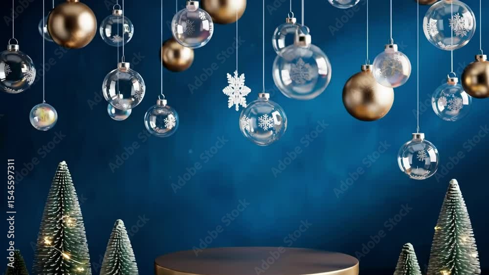 Christmas hanging decorations, transparant ball, firtrees, snowflakes and golden podium on blue background concept for christmas sales