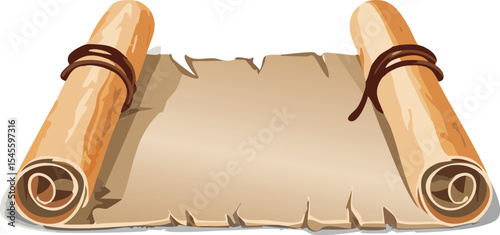 A crumpled parchment scroll tied with a leather strap, placed on a clean white surface. The texture of the paper is rough and fibrous, with slightly burned edges for an aged appearance