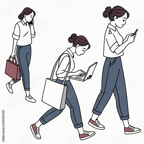 Young women walking using tech devices city life