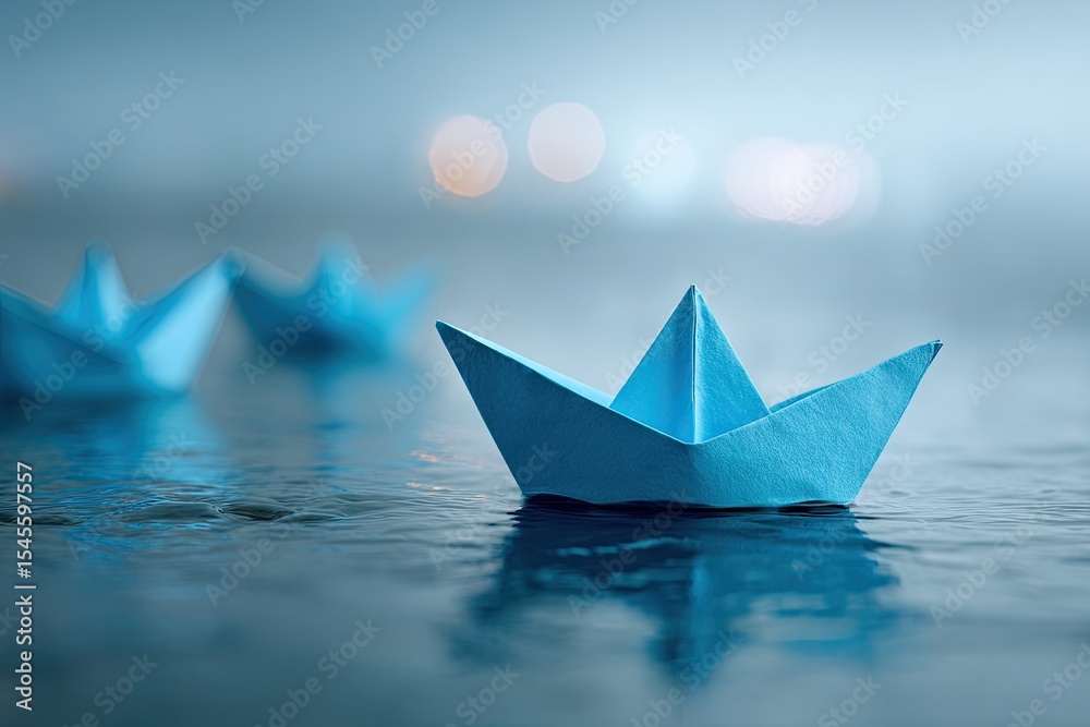 Obraz premium Three light-blue origami paper boats float on a dark, still, reflective water surface, blurred city lights in background