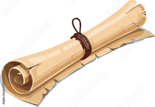A crumpled parchment scroll tied with a leather strap, placed on a clean white surface. The texture of the paper is rough and fibrous, with slightly burned edges for an aged appearance