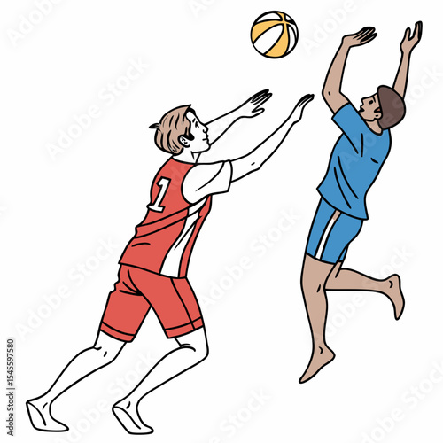 Two men playing beach volleyball dynamic action shot