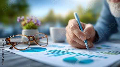 Business analysis session outdoor office chart review daylight close-up insightful planning strategies