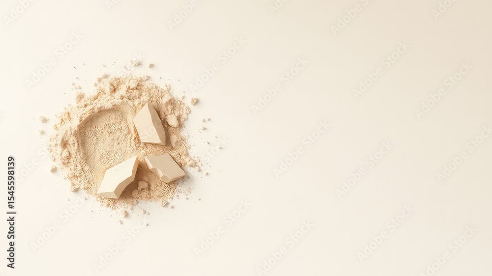 Fototapeta premium Crumbled beige powder with solid sponge pieces on a neutral background for beauty or skincare promotional materials
