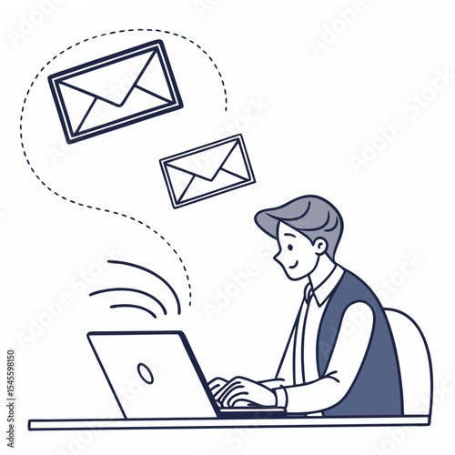 Man working on laptop receiving emails illustration