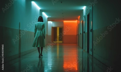 Wallpaper Mural A lone figure walks down a brightly lit hallway, bathed in a eerie glow. The scene evokes a sense of mystery and anticipation. Torontodigital.ca