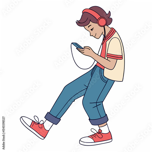 Teen boy listening music smartphone headphones transparent