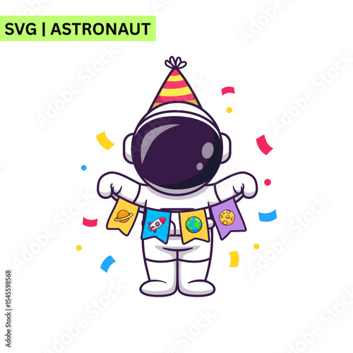 A playful vector logo design of a cute astronaut floating with a balloon, embodying joy and creativity in a bright and engaging format.