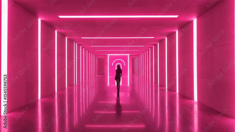 A woman walks through a vibrant, pink neon tunnel