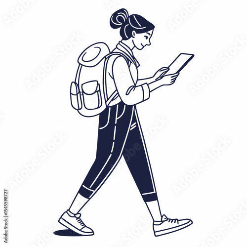 Young woman backpacker using tablet while walking