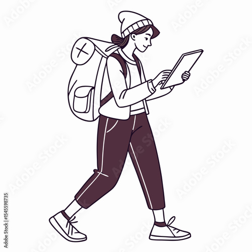Young woman backpacker using tablet navigation