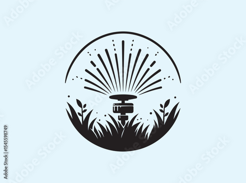 Solid black vector of a garden sprinkler spraying water over grass, clean lawn care icon for irrigation systems, landscape architecture, and utilities