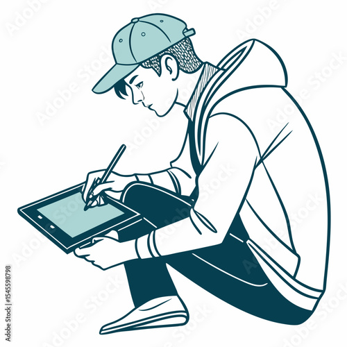 Young man using stylus on graphics tablet