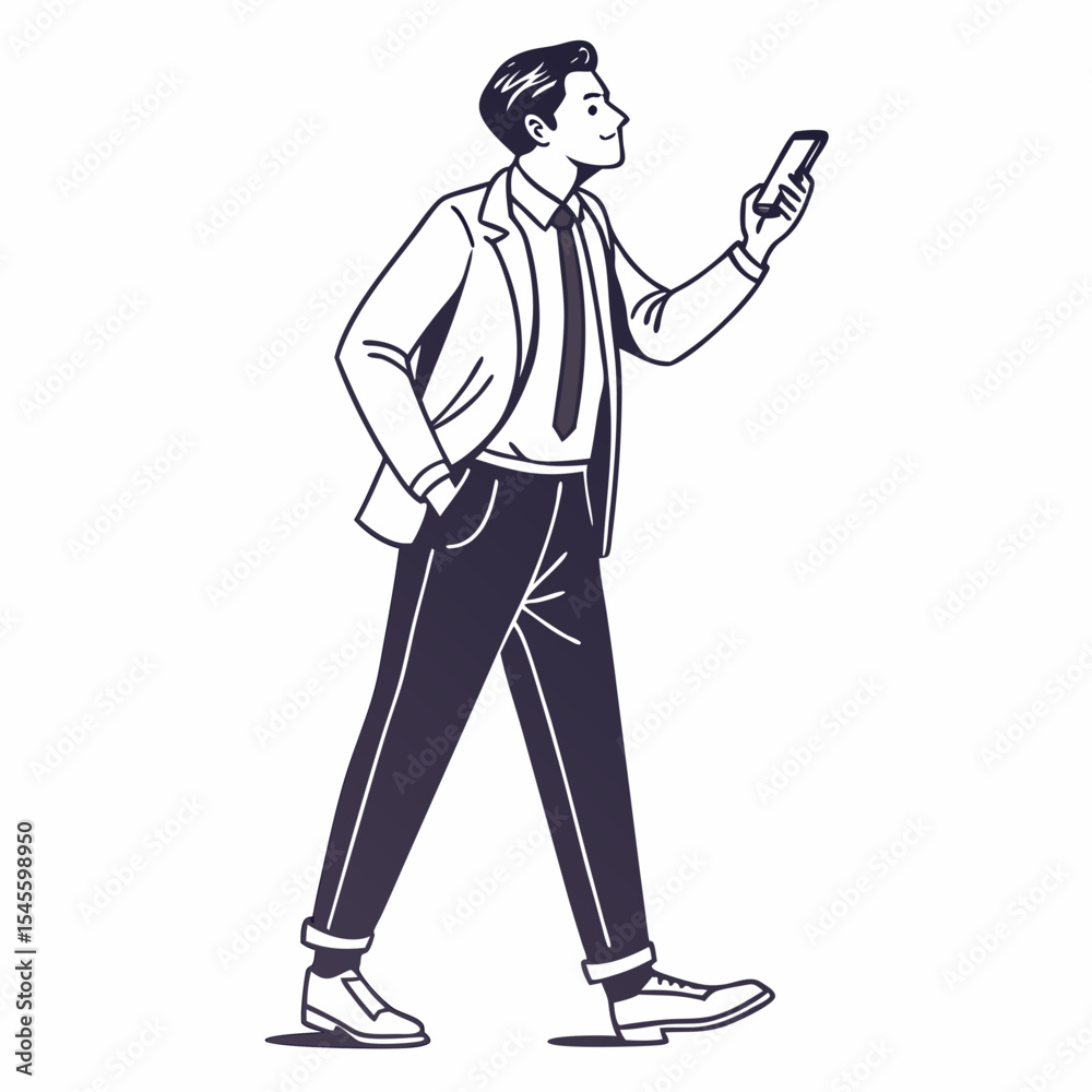 Professional businessman walking smartphone transparent background Professional businessman walking smartphone transparent background