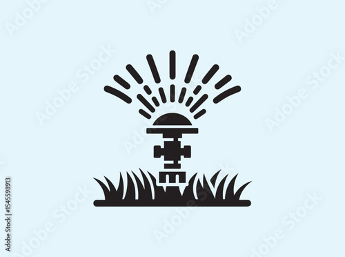 Flat design black silhouette of an irrigation sprinkler placed above a grassy patch, ideal for print and web use in agriculture or landscape topics