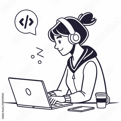 Young woman programmer coding on laptop headphones coffee