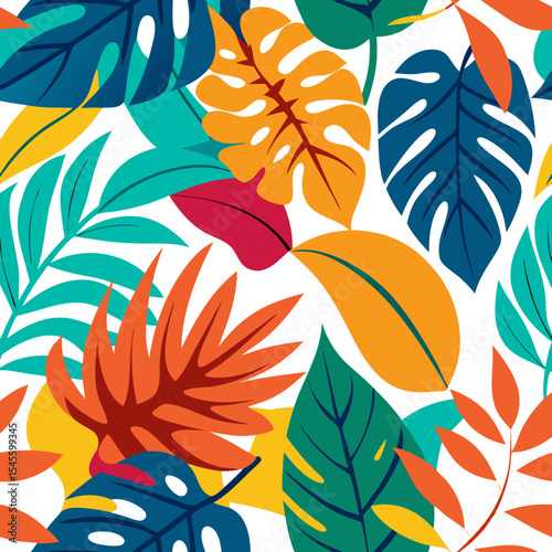 Vibrant tropical leaves pattern, multicolours, seamless tile with white background.