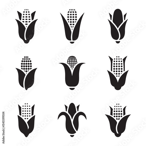 Corn Icon Set for Food. Simple Black and White Corn Cob Icons Set
