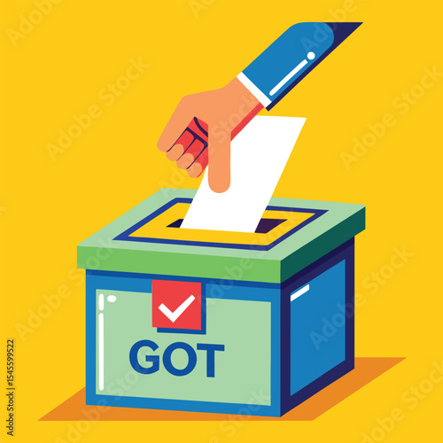 A Minimalist Flat Style Illustration Depicting a Hand Inserting a White Ballot into a Green and Blue Ballot Box with G O T