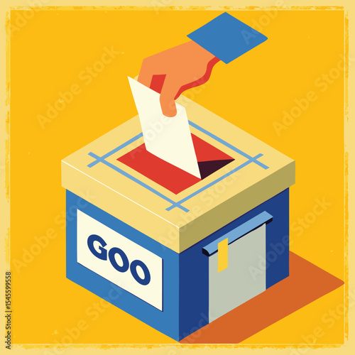 A Hand Inserts a White Ballot into a Blue Isometric Ballot Box on a Yellow Background Goo Labelled voting