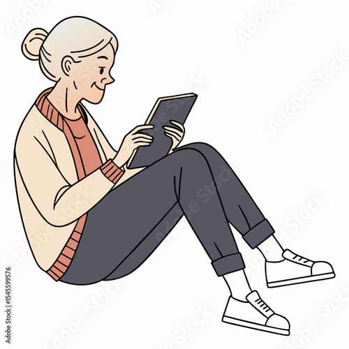 Senior woman sitting floor using tablet device